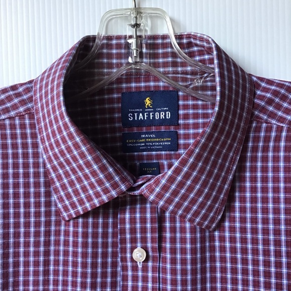Stafford Men's Maroon Checked Long Sleeve Button Down Shirt Size 17.5. (34-35) - Picture 5 of 9